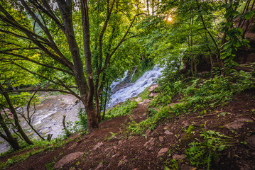 Dzhurynskyi waterfall in landscape park near Nyrkiv village in Ukraine