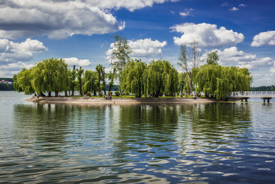 Love Islet on a large artificial lake in public park of Taras Shevchenko in Ternopil city, Ukraine