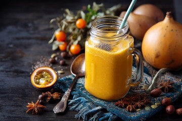 Tropical fruit smoothie in glass jar.