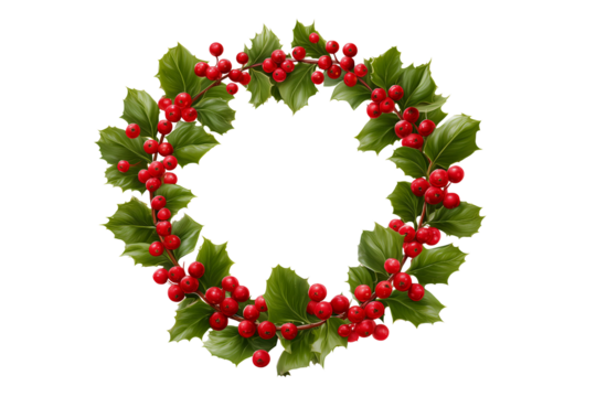 Festive circular holly berry wreath, Christmas holiday decoration or winter ornament. It evokes joyful traditional seasonal spirit, ideal for greeting card design element, enhancing any - Powered by Adobe