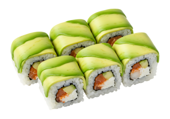 Fresh avocado sushi rolls isolated on transparent background