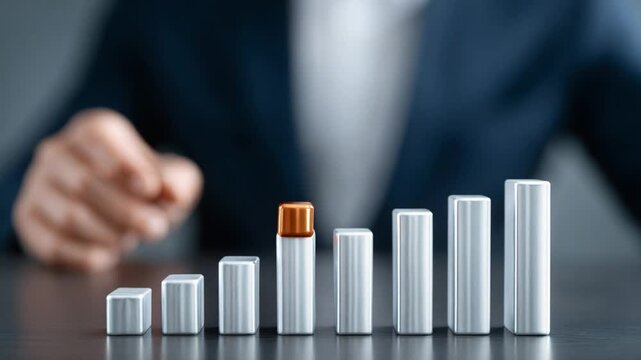 Financial Growth: A sharply dressed individual assesses a rising bar graph, representing an optimistic outlook, as a tangible symbol of financial progress and business success.