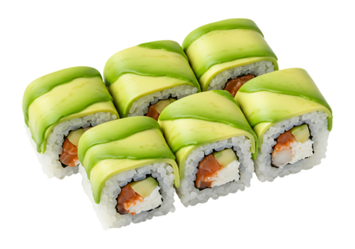Fresh avocado sushi rolls isolated on transparent background