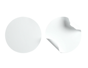 Two blank round stickers, one flat, one with a corner peeled back