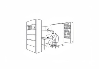 A minimalist line drawing illustration of a student studying at a desk with a laptop, surrounded by bookshelves in a quiet space