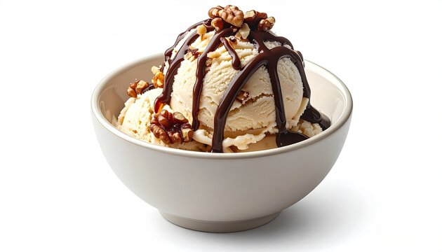 Creamy vanilla ice cream scoop, drizzled with dark chocolate sauce, topped with walnuts, in a light beige bowl