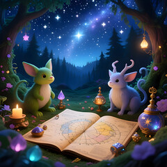 Magical Forest Night with Cute Fantasy Creatures and Starry Sky