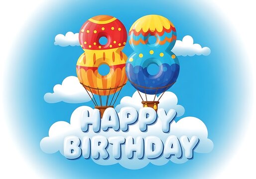 Happy 88th Birthday celebration with two decorative hot air balloons shaped as number 8, floating above a puffy cloud with "Happy Birthday" text on a soft gradient sky.