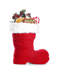 Happy Saint Nicholas day. Red boot with sweets and festive decor isolated on white