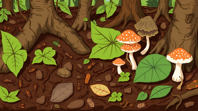 An illustration of a forest floor including insects, mushrooms, and withering leaves demonstrates the function of decomposers in an ecosystem.