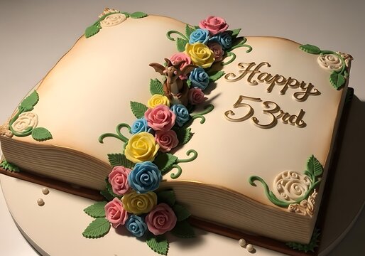 Elegant 53rd birthday cake shaped like an open book, adorned with colorful fondant roses and delicate vines, featuring "Happy 53rd" text on a white background.