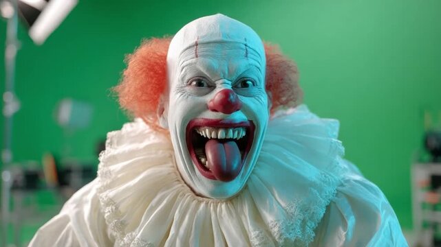 Sinister Clown: A terrifying clown with orange hair and a menacing grin, positioned against a vivid green backdrop, embodies fear, dread, and the eerie side of performance.