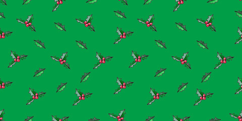 seamless pattern of hand drawn holy leaves and red berries on green background, Christmas watercolor illustration