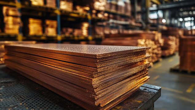 A close-up shows stacked copper plates in a warehouse with shelves in the background