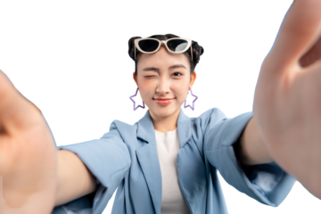 Self-portrait young Asian woman wearing sunglasses making selfie on PNG