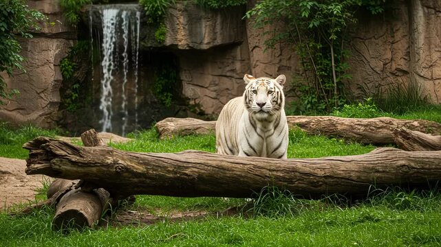 White tiger sits on a log in front of a waterfall at a zoo