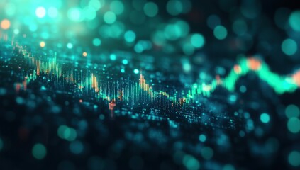 Close-up of a financial chart, showing fluctuating green and orange bars against a dark backdrop