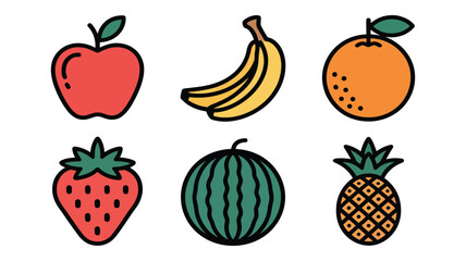 Vector art of assortment of colorful fruit icons including apple, banana, orange, strawberry, watermelon, and pineapple