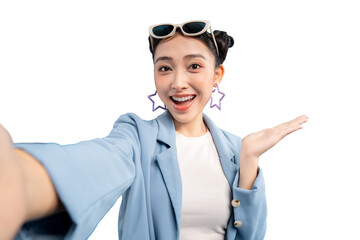 Joyful young woman taking a selfie wearing glasses and star-shaped earrings on PNG