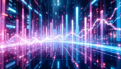 Dynamic glowing data streams and charts visualize modern financial markets and innovative digital technology trends with vibrant pink and blue hues