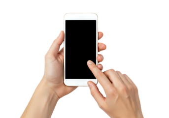 Hands holding a smartphone with a black screen isolated on transparent background