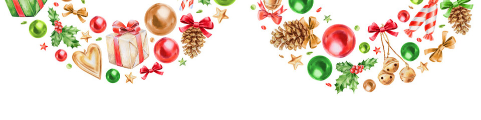 Watercolor illustration Christmas top border made of separate decorative elements, gift, glass balls, holly, bows, candy, pine cones. New Year festive decoration PNG on transparent background