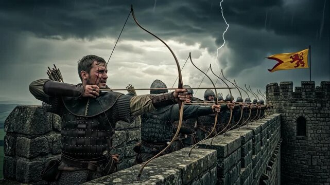 Series of medieval archers on a castle wall during a storm with lightning and rain, aiming their bows and arrows at an enemy.