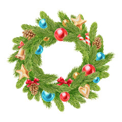 Watercolor illustration Christmas wreath with fir, glass balls, pine cones and golden decorations. New Year and Christmas festive decoration PNG on transparent background