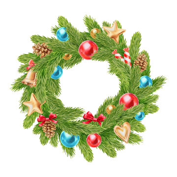 Watercolor illustration Christmas wreath with fir, glass balls, pine cones and golden decorations. New Year and Christmas festive decoration PNG on transparent background