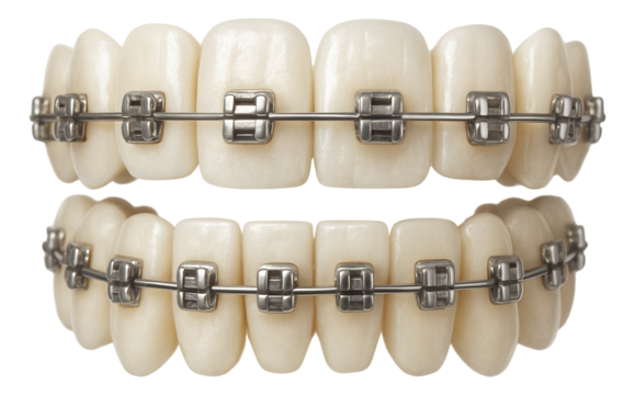 Close-up of human teeth with metal dental braces on a white background.