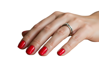 A woman hand with red nails and a ring isolated on transparent background