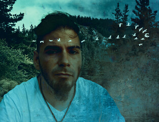 Contemplative man in forest with overlay of flying birds symbolizing mental escape