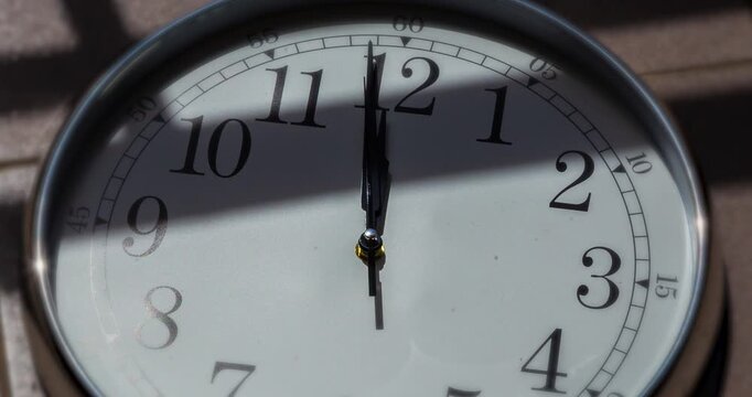 Close up to a wall clock, with running time pointer. Sun and sky reflecting on clock face time passing by. Time lapse on a modern white Clock on white blur background. Wall clock show running time. 