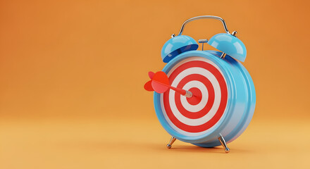 Blue alarm clock with target bullseye and dart in center symbolizing time management , and goal focus concept on yellow background. 3D Rendering. 3D Rendering
