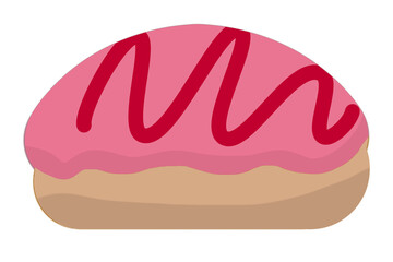 A donut illustration covered with pink icing and red drizzle topping, symbolizing sweet dessert and bakery snack.