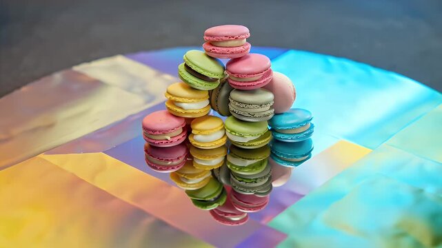 A vibrant pyramid stack of assorted colorful French macarons resting on a glossy mirrored holographic background