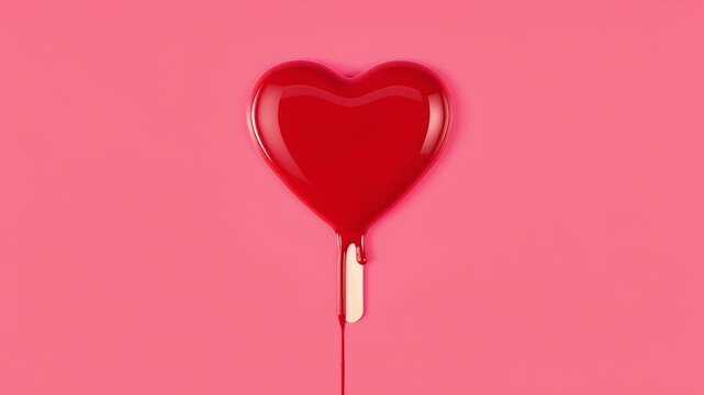 A vividly glossy red heart-shaped melting popsicle stick against a vibrant pink studio background