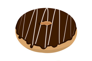 A round donut covered in rich chocolate icing with white drizzle lines, ideal for dessert design, pastry illustration, and sweet snack decoration.