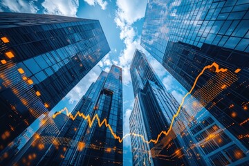 Low-angle shot of tall skyscrapers against a cloudy sky, overlaid with a rising stock market graph
