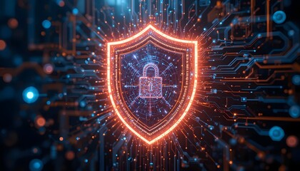 Fototapeta premium Cybersecurity shield with glowing padlock protects sensitive data in digital network, offering robust defense and peace of mind against cyber threats