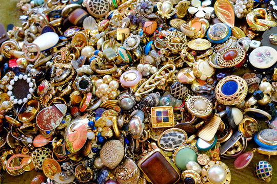 Paris, France, EU. Mix of jewelry for sale at a locat flea market in Paris.
