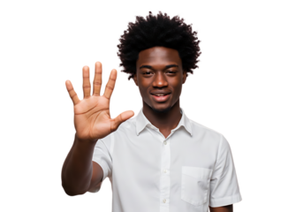 Man holding up five fingers isolated on transparent background