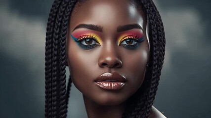 Blinking braided hair model reacting to camera focus in studio, with rainbow eyeshadow - Powered by Adobe