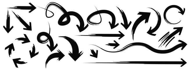 Naklejka premium A large collection of hand-drawn vector arrows in a creative brush stroke style. This diverse set of doodle pointers is perfect for annotations
