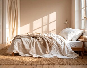 Beige bedroom with sunlight
