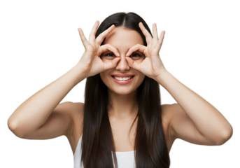 Young woman making binoculars gesture isolated on transparent background