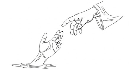 Close-up of Jesus' hand saving the hand of a drowning man. Miracle of saving the life, salvation from drowning. Christmas, Easter, love, salvation concept. Continuous line drawing isolated on white 