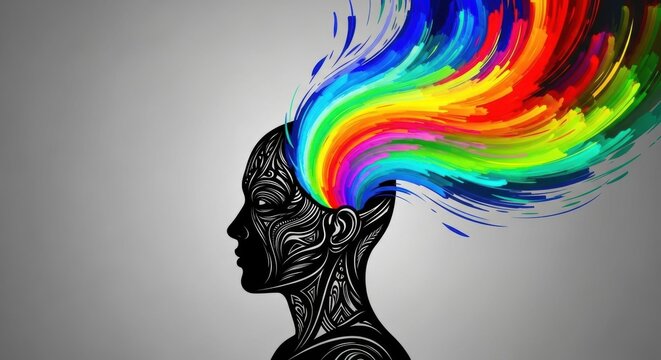 Silhouette of a man with colorful splashes of paint exploding from his head. Creative mind with bright ideas. Mental health concept.