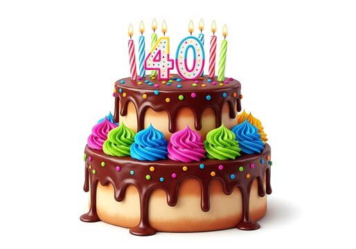 Elegant 3D Render of a Two-Tiered Birthday Cake with Chocolate and Colorful Icing, "40" Candles