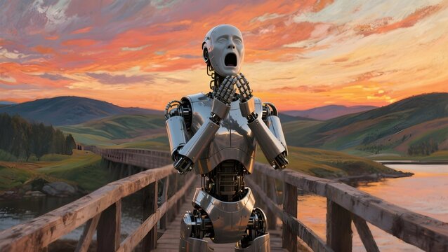 Realistic humanoid robot screaming in despair on wooden bridge at sunset reinterpreting The Scream by Munch with emotional AI in pastoral scene